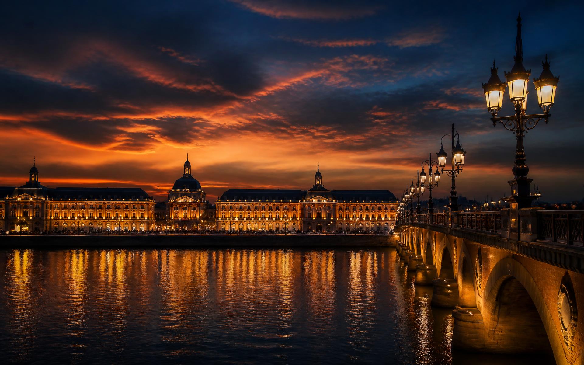 Les quais de Bordeaux illuminés au crépuscule